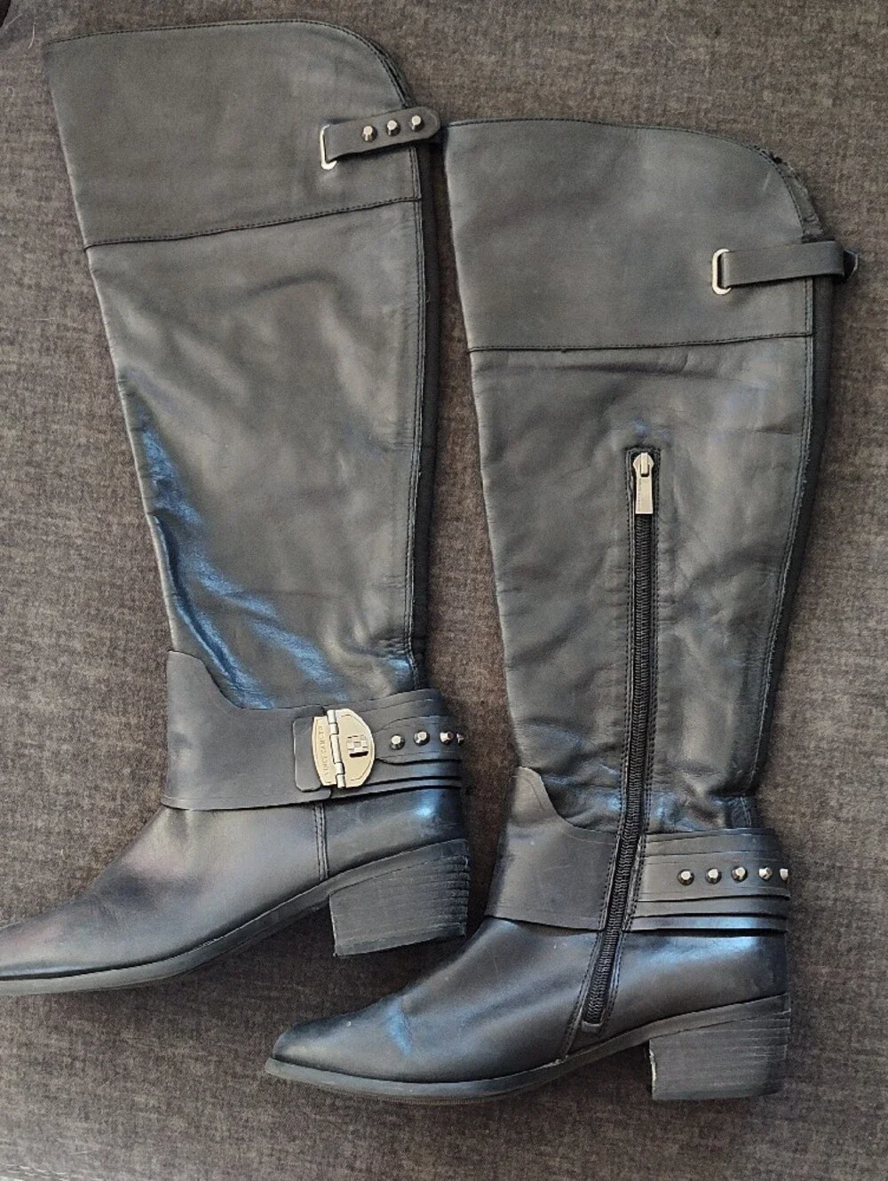 Vince Camuto Black Leather Over-the-Knee Boots with Stud and Buckle Detail